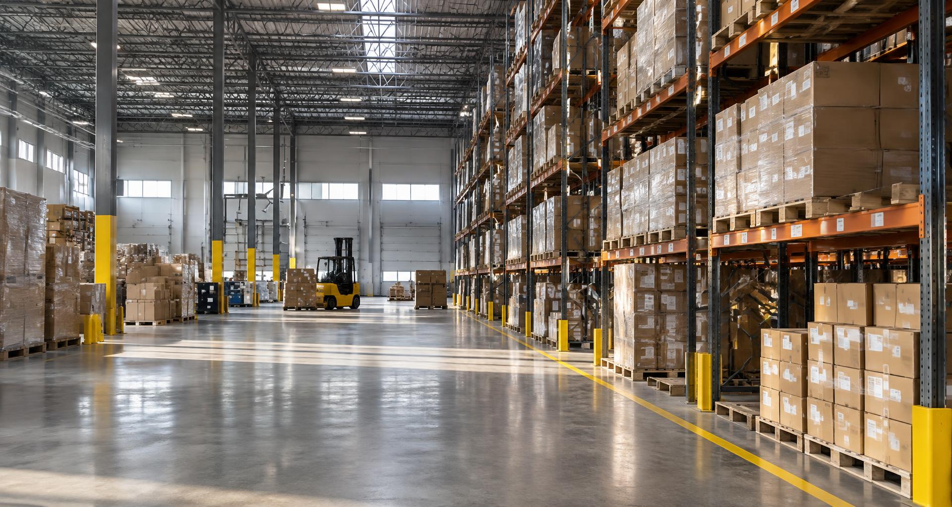 Warehouse interior with pallet racks holding boxed goods